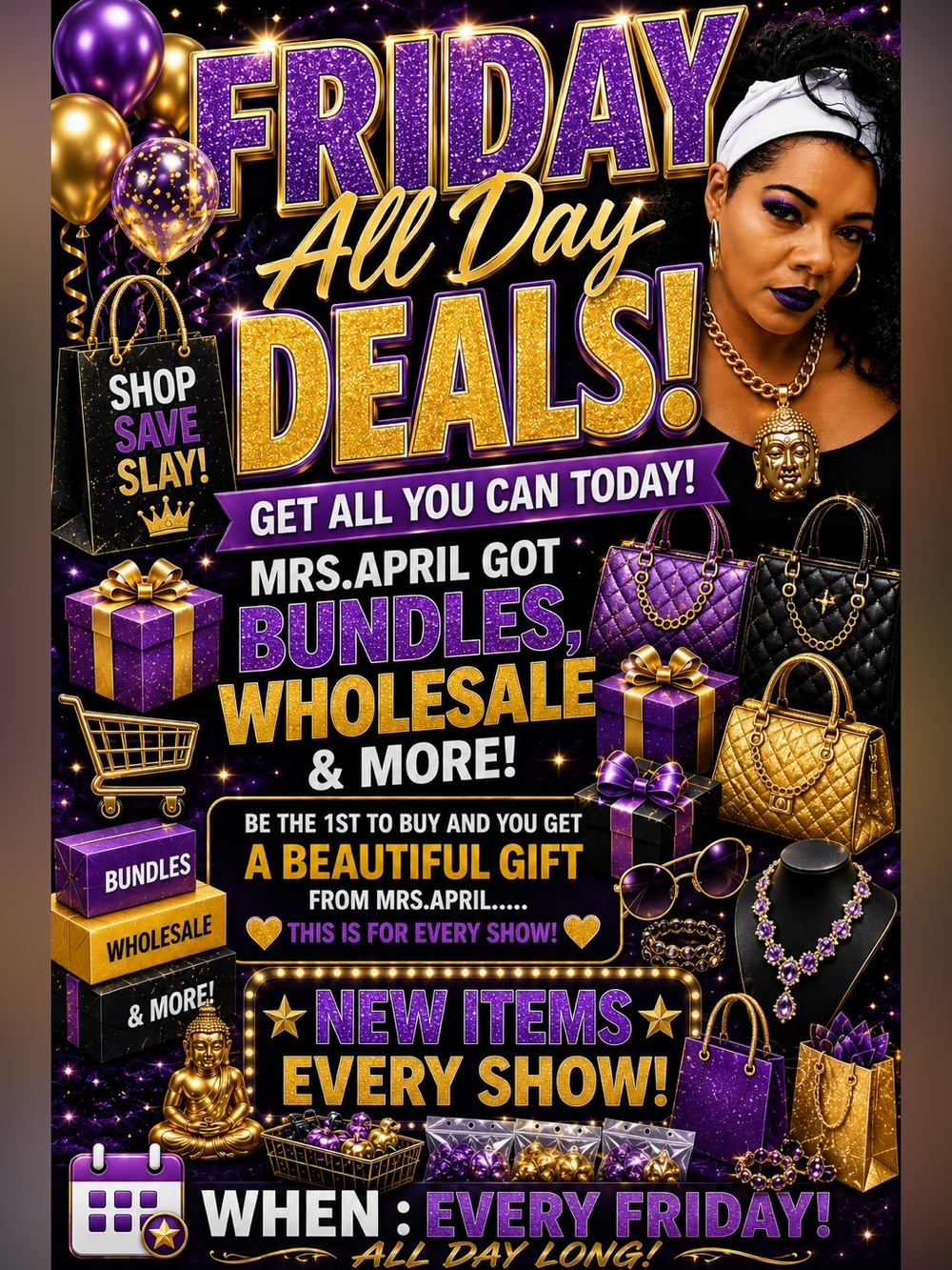 Promotional Poster - Purple & Gold "Friday All Day Deals"